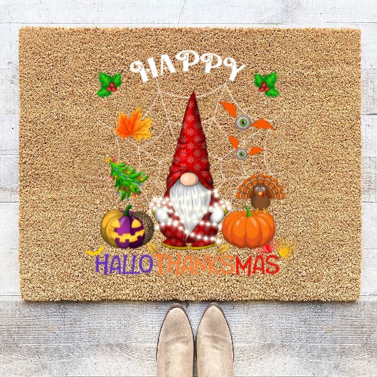 Happy HalloThanksMas Gnome Coir Doormats