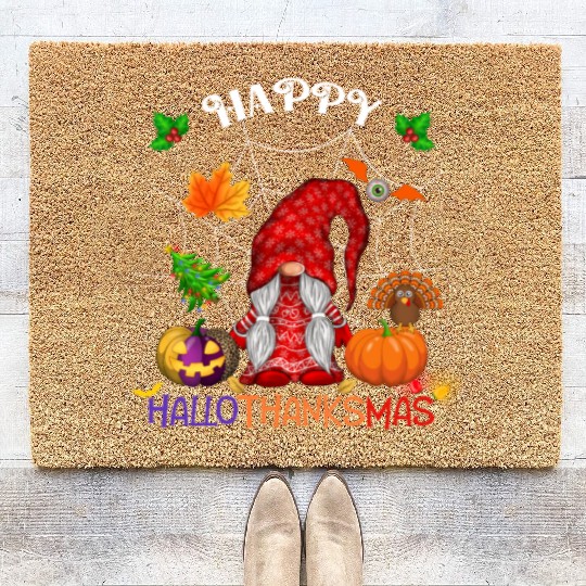 Happy HalloThanksMas Gnome Coir Doormats