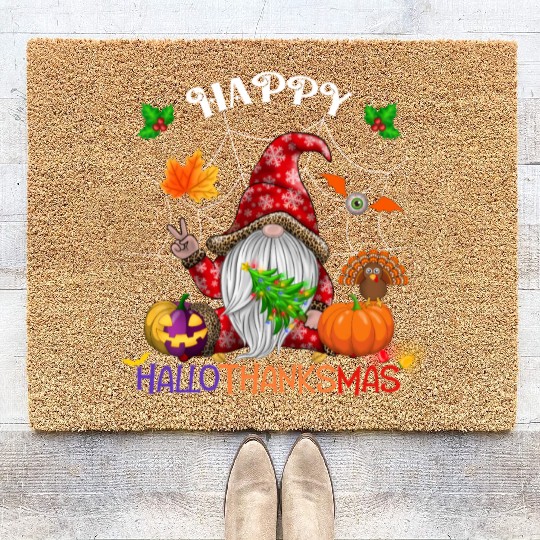 Happy HalloThanksMas Gnome Coir Doormats