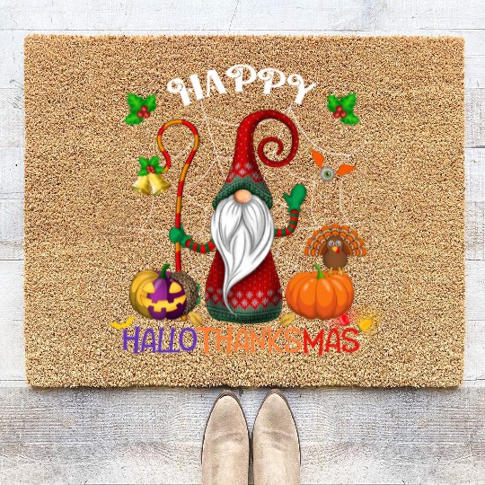 Happy HalloThanksMas Gnome Coir Doormats