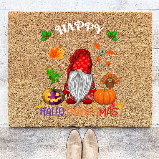 Happy HalloThanksMas Gnome Coir Doormats