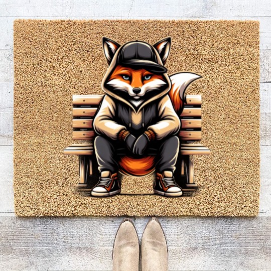 A Cartoon Fox Sitting On A Park Bench Coir Doormats