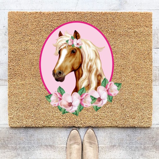 Brown Horse with pink Flowers Coir Doormats