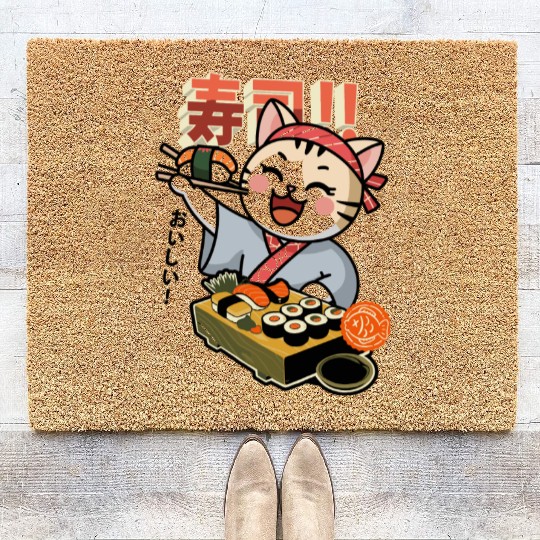 Sushi Chef Cat Adorable Culinary Cat Design Coir Doormats