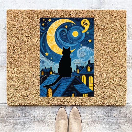 Halloween Starry Night Black Cat Comma La Harris Coir Doormats