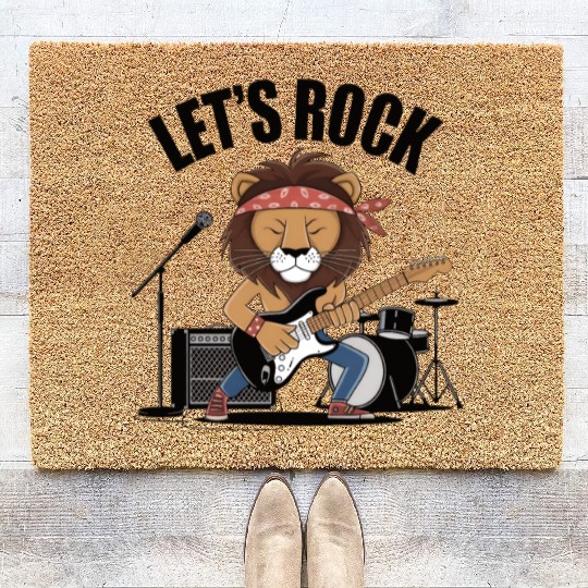 Lion playing guitar with drums and mike Coir Doormats