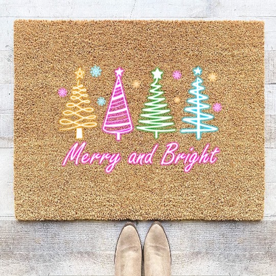 Merry and Bright Tree Neon Christmas Coir Doormats