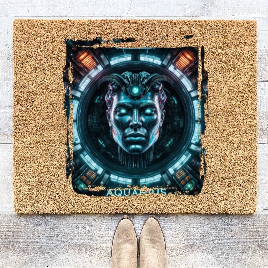 Zodiac sign Aquarius in cyberpunk era Future Coir Doormats