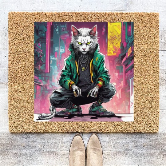 Urban Cyberpunk Cat Rebel Coir Doormats