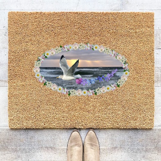 sea beach sunset seagull kitsch flashy magic Coir Doormats