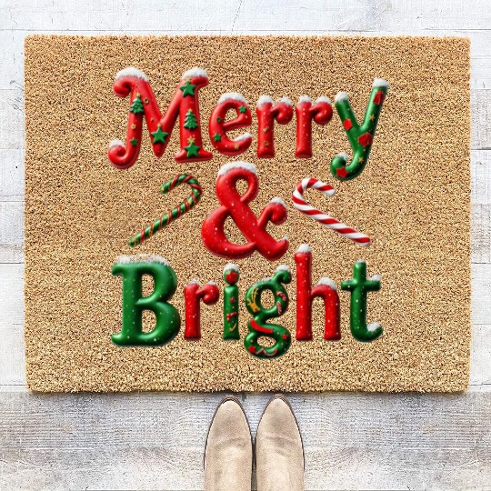 Merry and Bright Christmas Typography Coir Doormats