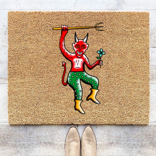 Happy Devil with a Flower Coir Doormats