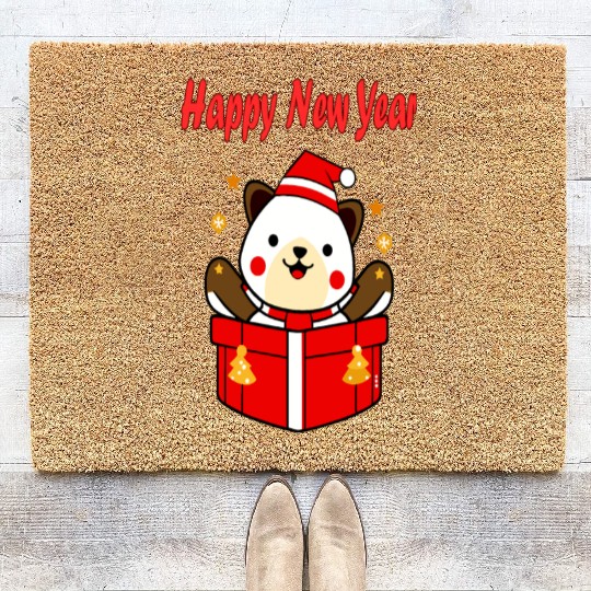 Festive Teddy Bear New Year Design Coir Doormats