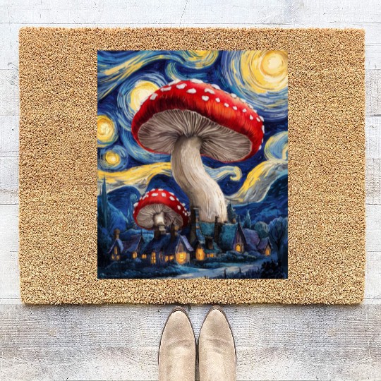 Starry Night Mushroom Surreal Dreamscape nature Coir Doormats