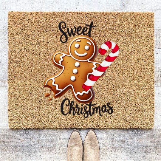 Happy gingerbread man with candy cane Coir Doormats