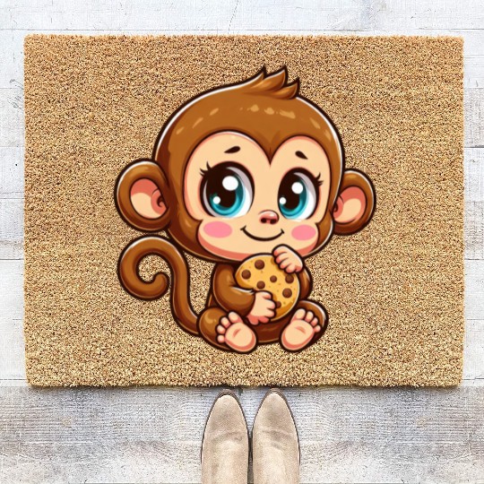 Cute Monkey Chimpanzee eating cookies cartoon Coir Doormats