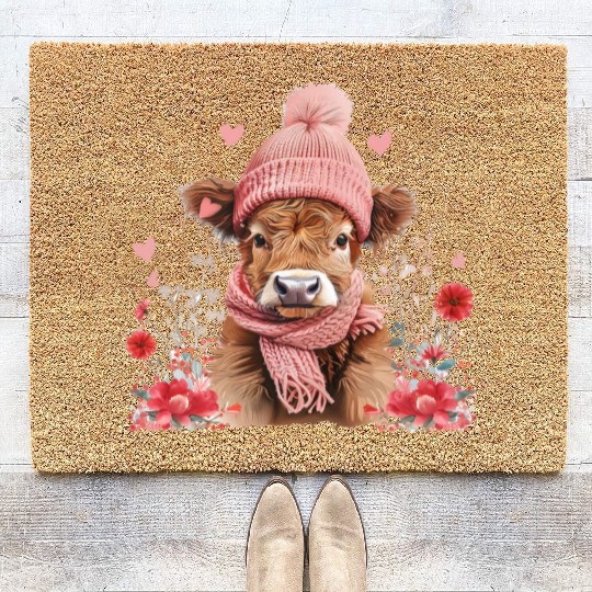 Cute Highland Cow Valentines Day Coir Doormats