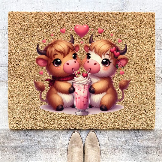 Cute Cartoon Valentines Highland Cow Coir Doormats