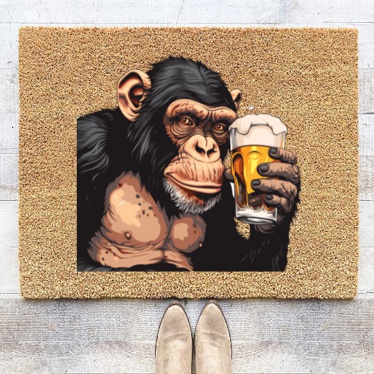 Cute Chimpanzee Drinking Beer 2 Coir Doormats