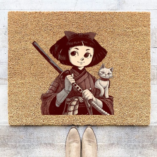 Chibi Samurai Warrior Cat Companion & Blossoms Coir Doormats