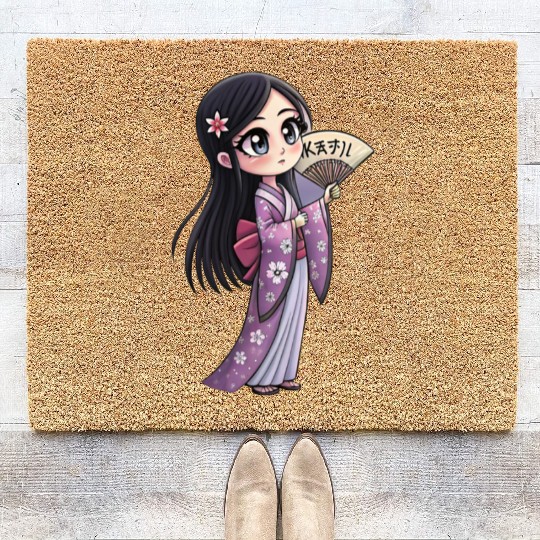 Cute Chibi Geisha Anime Inspired Kimono Design Coir Doormats