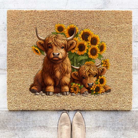 Cute Scottish Highland Cow Sunflower Farmer Coir Doormats