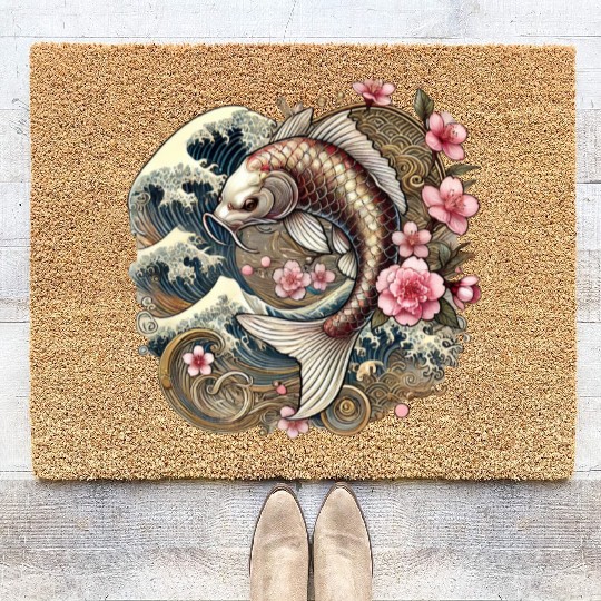 Elegant Koi Fish and Cherry Blossom Design Coir Doormats