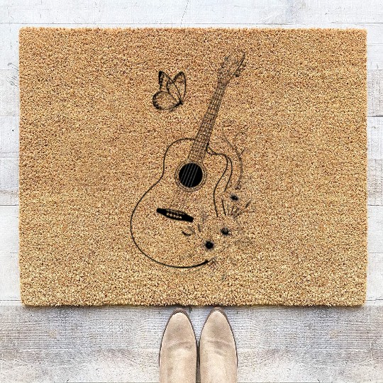 Guitar with Floral and Butterfly Design Coir Doormats