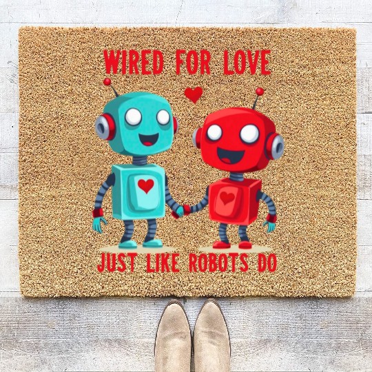 Valentine's Day Gift: Two Robots in Love on Bella Coir Doormats