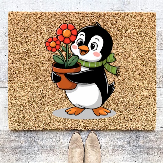 Cute Penguin Gardener Garden Joyful Design Coir Doormats