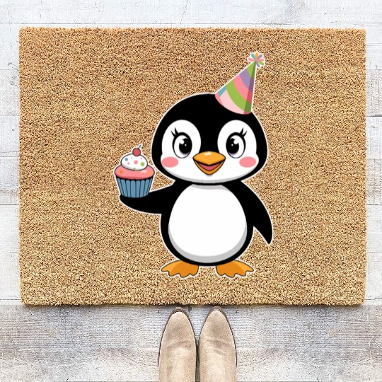 Birthday Joyful Penguin With Cupcake Coir Doormats