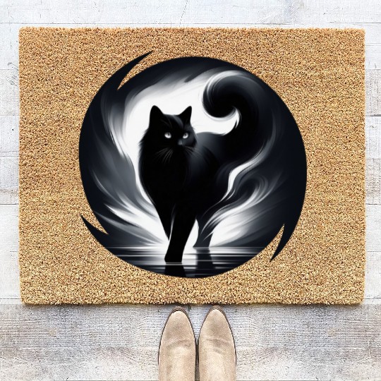 Mysterious and Elegant Black Cat Walking in Light Coir Doormats