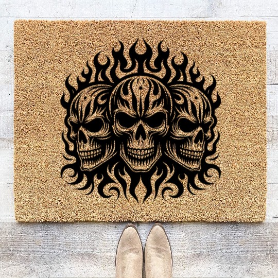 Three Grinning Skull Flames Tattoo Tribal Style Coir Doormats