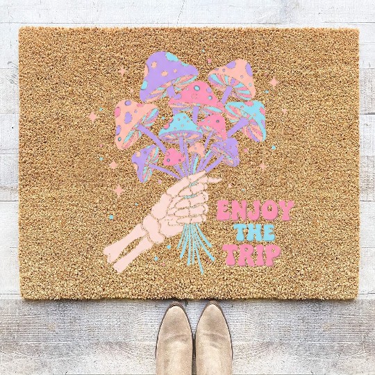 Psychedelic Mushrooms with Skeleton Hand Coir Doormats