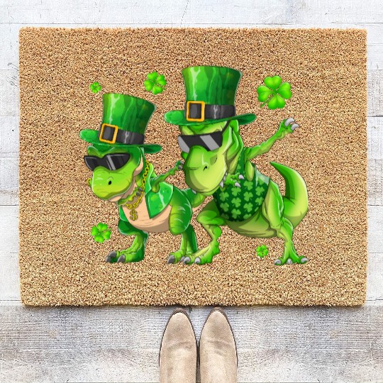 Happy St Patricks Day Dinosaur T-rex Dabbing Coir Doormats