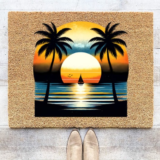 Beautiful Tropical Sunset with Palm Trees Coir Doormats