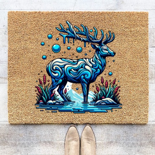 Majestic Blue Deer in Enchanted Forest Coir Doormats