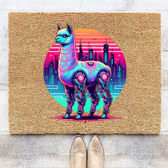Futuristic Cyber Llama in Neon Cityscape Coir Doormats
