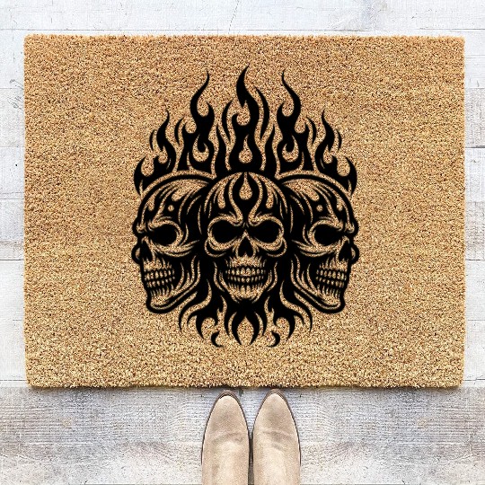 Three Biker Skull Tattoo Tribal Flame Style Coir Doormats