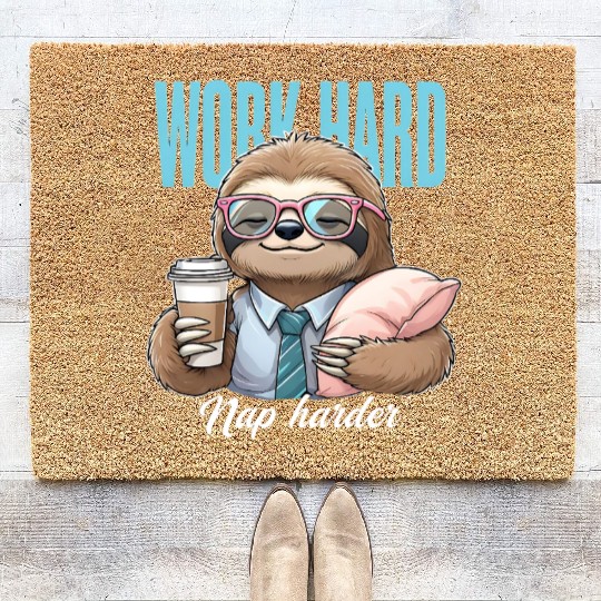Work Hard, Nap Harder – Funny Sloth Office Humor Coir Doormats