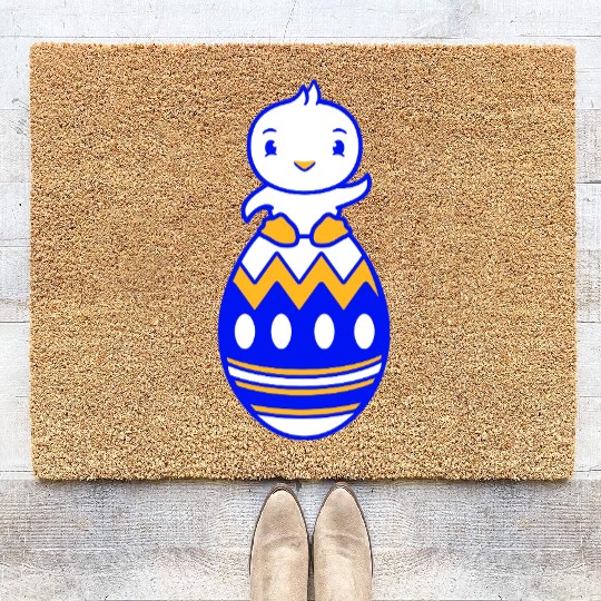Chick Sits On Giant Easter Egg Waving Easter Sweet Coir Doormats