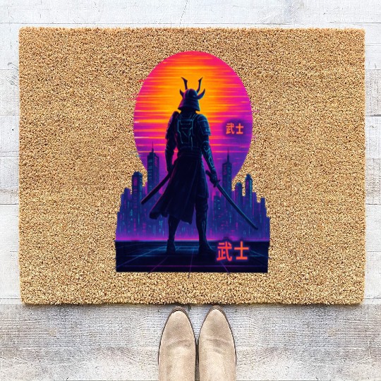 Neon Samurai - Cyberpunk Warrior Art Coir Doormats