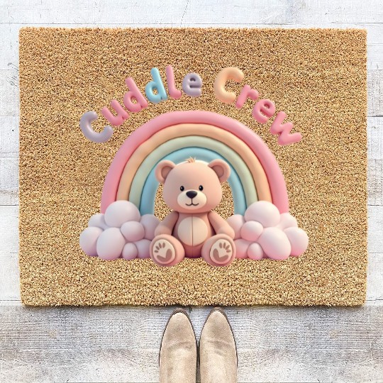 Soft teddy bear sitting under a rainbow Coir Doormats