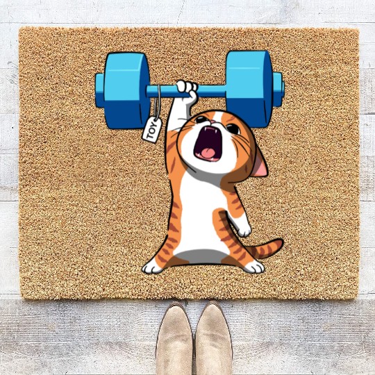 Workout Strength! Tiny Warrior Cat Huge Muscles. Coir Doormats