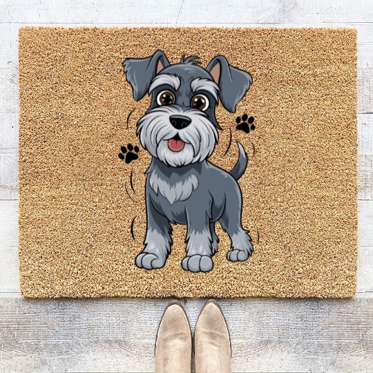 Adorable Schnauzer Pup Illustration With Big Eyes Coir Doormats