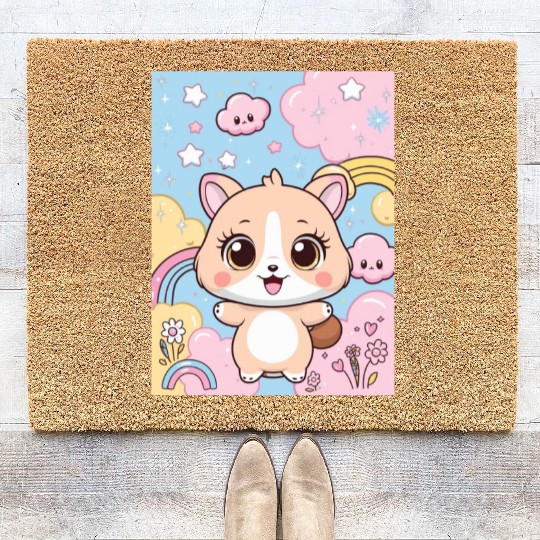 Kawaii Corgi in Rainbow Cloudland Coir Doormats