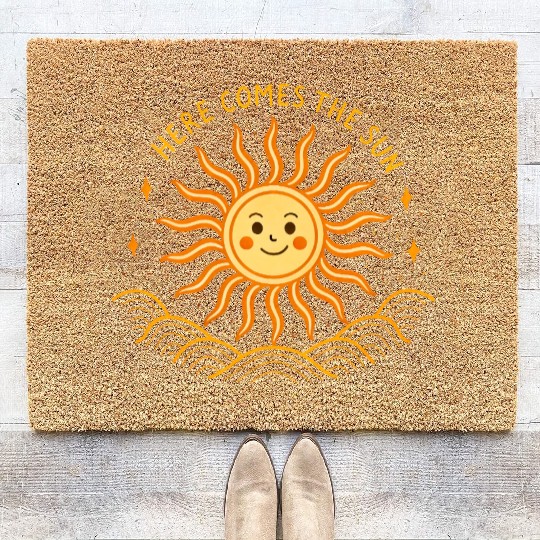 Here Comes The Sun Wavy Folk Art Retro 60s Coir Doormats
