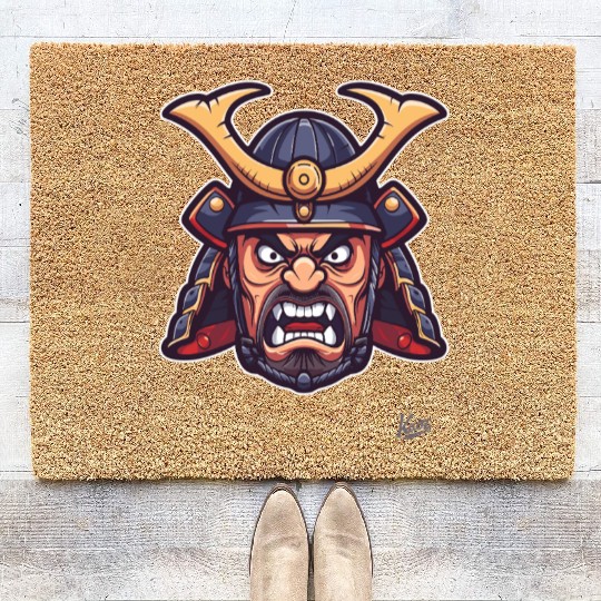 Angry samurai warrior head with helmet Coir Doormats