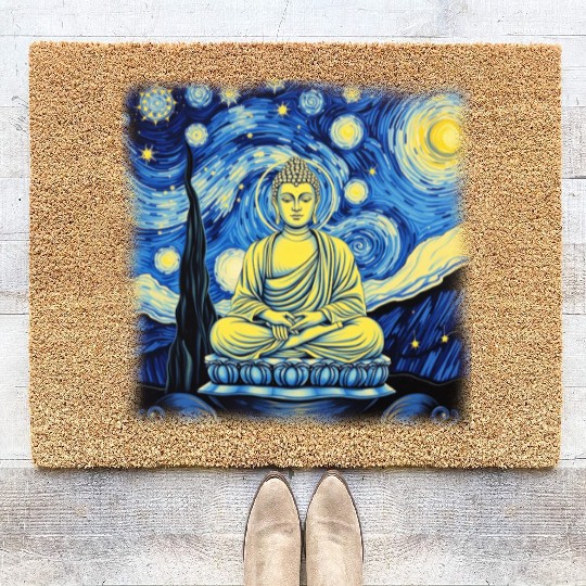 Starry Night Buddha Zen Art Inspired by Van Gogh Coir Doormats