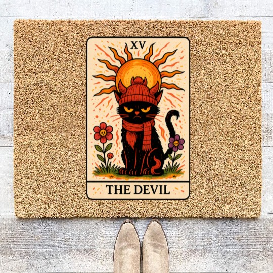 Devil Cat Tarot Card, Grumpy Cat Art, Mystical Coir Doormats